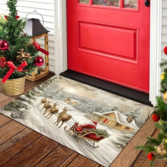 15.7" x 23.6" Polyester Festive Holiday Santa Claus & Reindeer Sleigh Door Mat - Picture 1 of 1